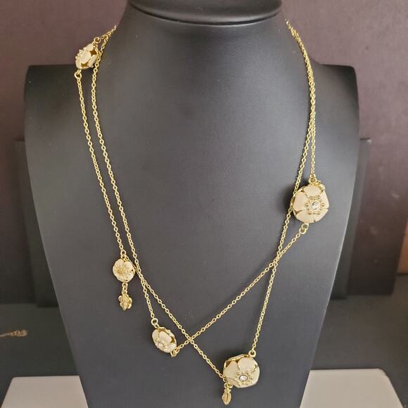 Spartina 449 Flower Long Necklace Cream Enamel Gold Plate 3 Dimensional Pouch - Picture 2 of 9